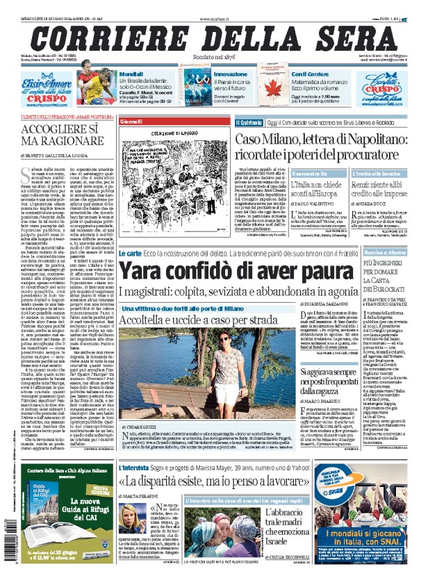 Le prime pagine di oggi giovedì 19 giugno 2014