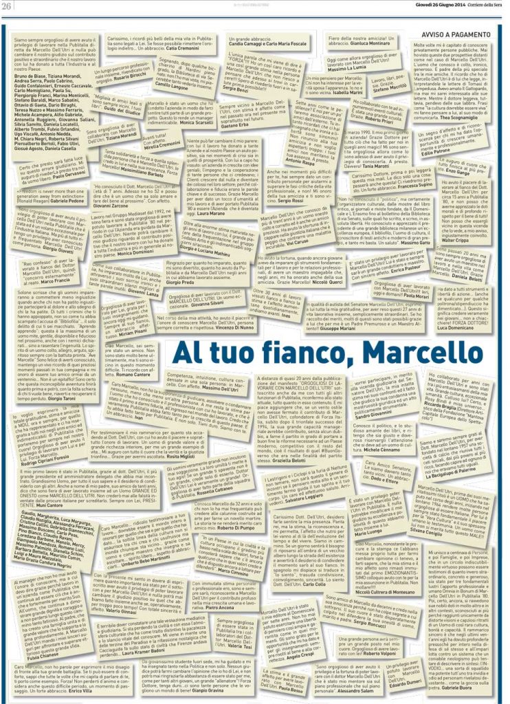 Pagina di solidarietà per Dell’Utri Polemica contro il Corriere