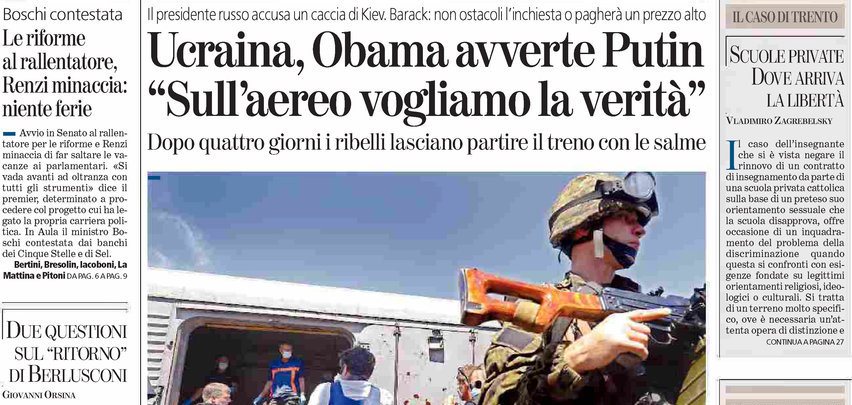 Le prime pagine di oggi martedì 22 luglio 2014