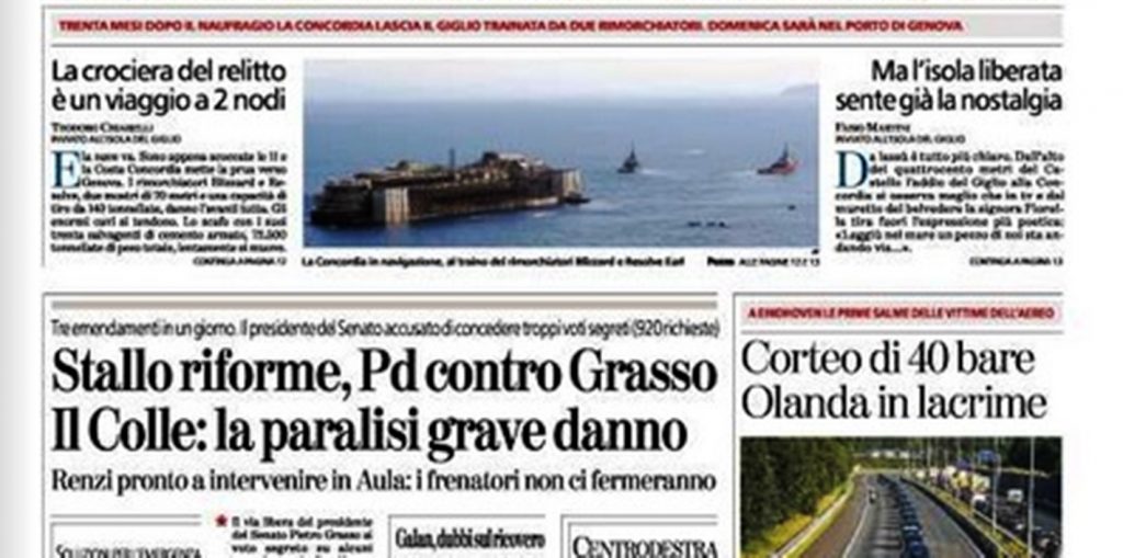 Le prime pagine di oggi giovedì 25 luglio 2014