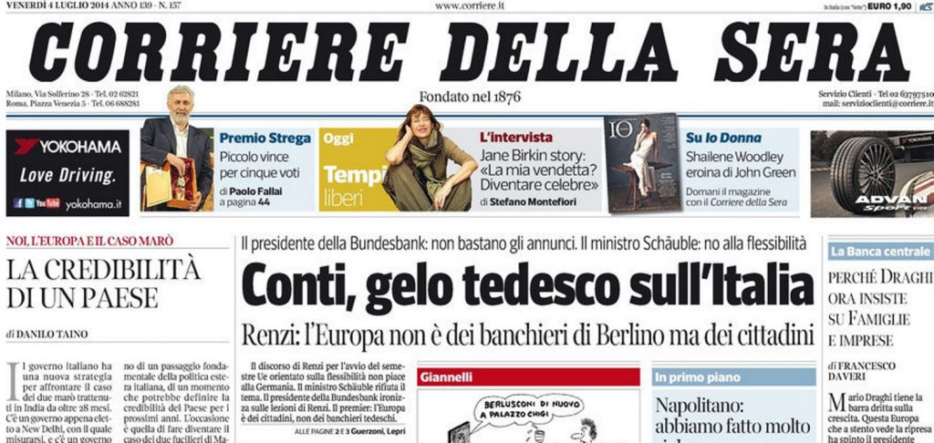 Le prime pagine di oggi venerdì 4 luglio 2014