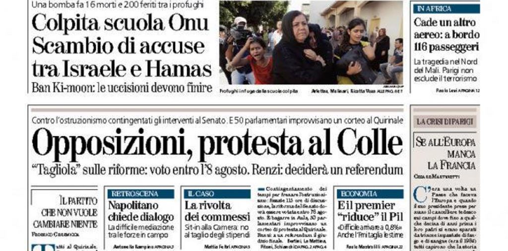 Le prime pagine di oggi venerdì 25 luglio 2014