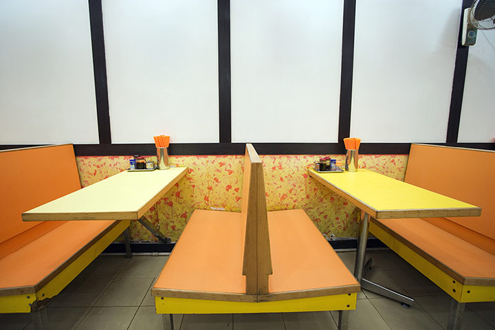 Diner booths with formica table and bench seats