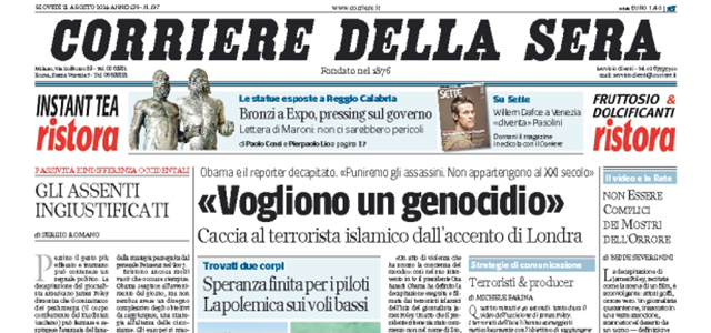 Le prime pagine di oggi giovedì 21 agosto 2014