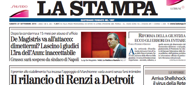 Le prime pagine di oggi sabato 27 settembre 2014