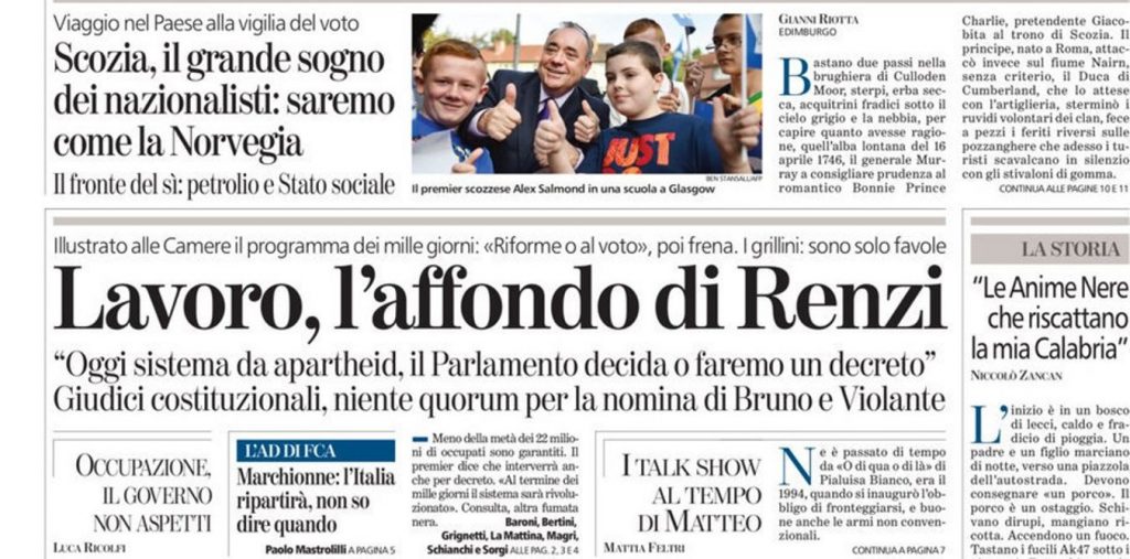 Le prime pagine di oggi mercoledì 17 settembre 2014