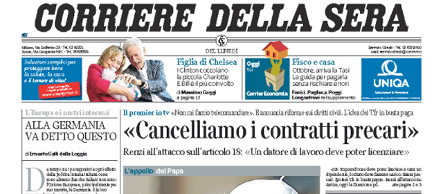 Le prime pagine di oggi lunedì 29 settembre 2014