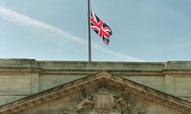The Union Jack flies at half mast over Buckingham