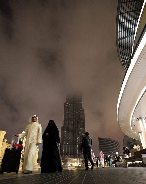 Foggy weather clouds Burj Khalifa in Dubai
