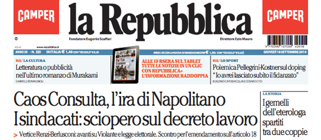 Le prime pagine di oggi giovedì 18 settembre 2014