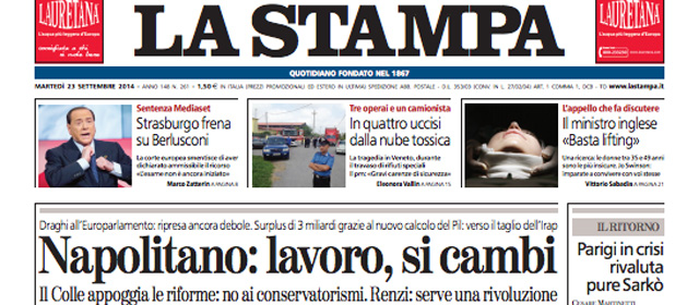 Le prime pagine di oggi martedì 23 settembre 2014