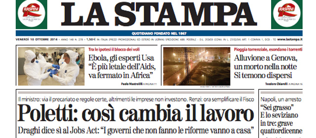 Le prime pagine di oggi venerdì 10 ottobre 2014