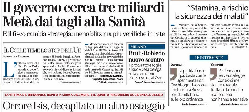 Le prime pagine di oggi  sabato 4 ottobre 2014