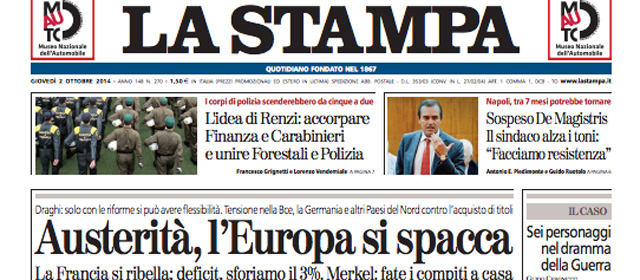 Le prime pagine di oggi giovedì 2 ottobre 2014