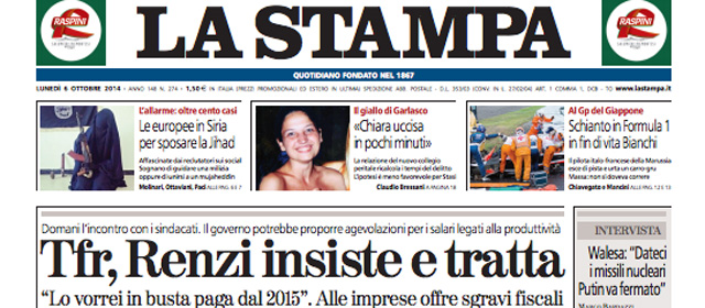 Le prime pagine di oggi lunedì 6 ottobre 2014