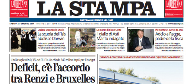 Le prime pagine di oggi sabato 25 ottobre 2014