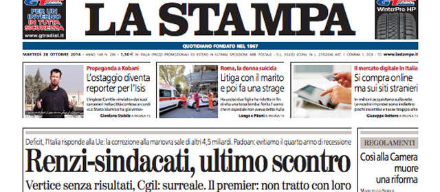 Le prime pagine di oggi martedì 28 ottobre 2014