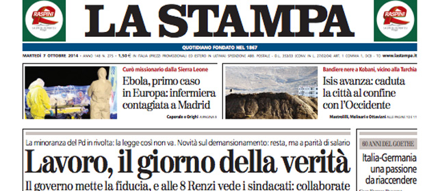 Le prime pagine di oggi martedì 7 ottobre 2014