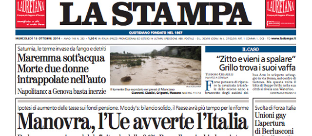 Le prime pagine di oggi mercoledì 15 ottobre 2014