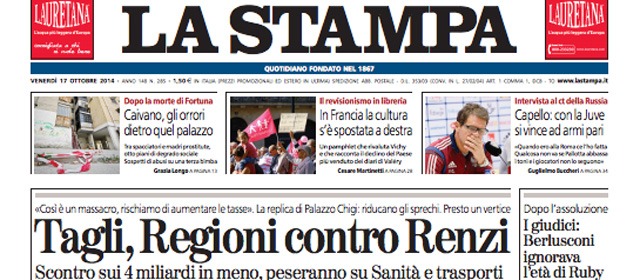 Le prime pagine di oggi venerdì 17 ottobre 2014