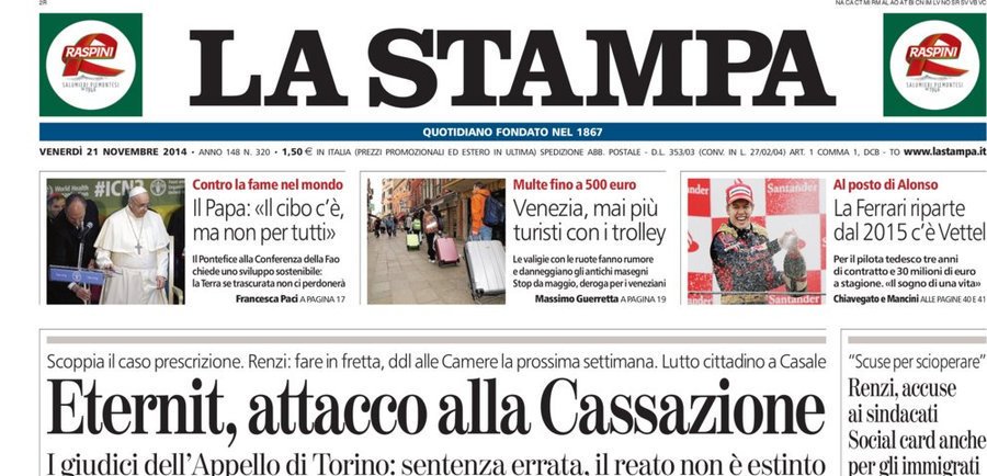 Le prime pagine di oggi venerdì 21 novembre 2014