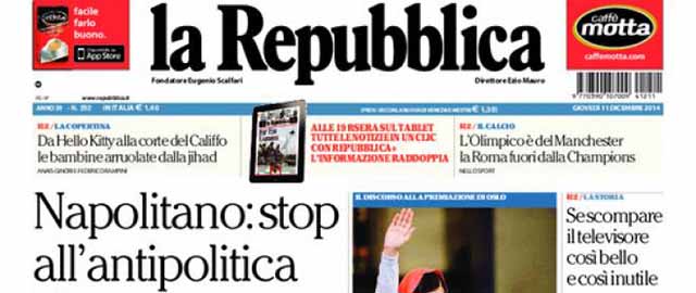 Le prime pagine di oggi giovedì 11 dicembre 2014