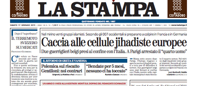 Le prime pagine di oggi sabato 17 gennaio 2015