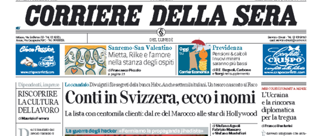 Le prime pagine di oggi lunedì 9 febbraio 2015