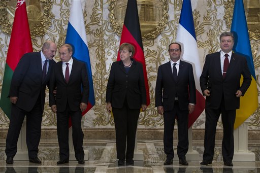 Angela Merkel, Vladimir Putin, Francois Hollande, Alexander Lukashenko, Petro Poroshenko