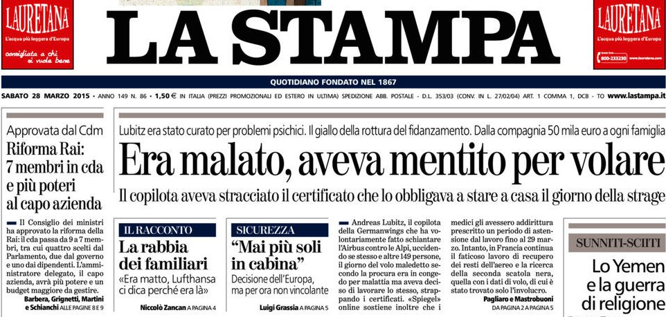 Le prime pagine di oggi sabato 28 marzo 2015
