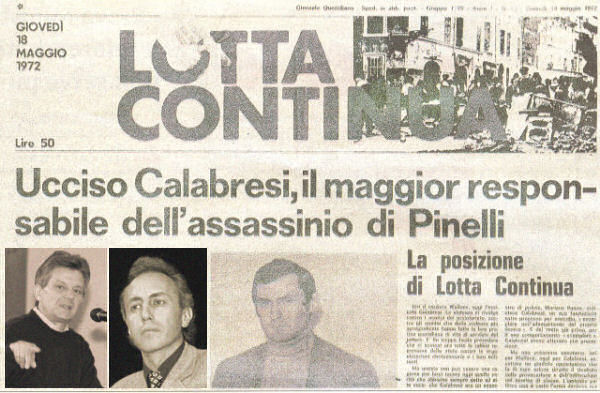 La prima pagina di Lotta Continua all'indomani dell'omicidio di Calabresi.
