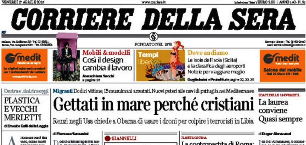 Le prime pagine di oggi  venerdì 17 aprile 2015