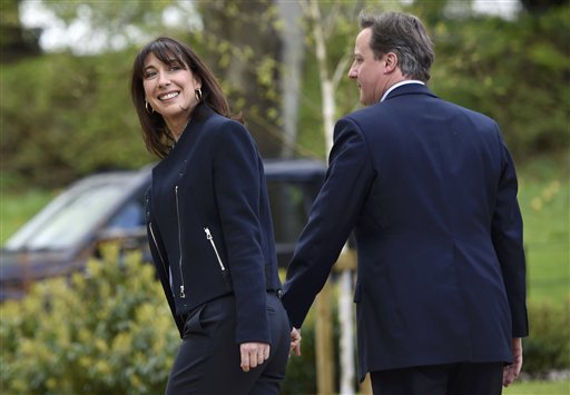 Britain's Prime Minister David Cameron is joined by his wife Samantha during a campaign visit to a home building scheme in Lancaster, northern England