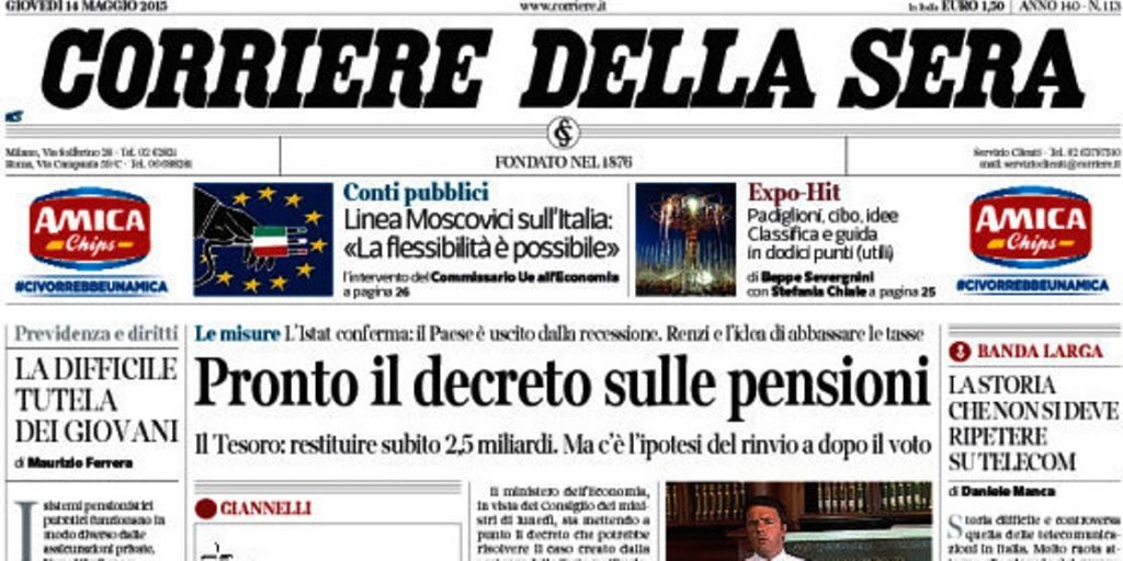 Le prime pagine di oggi giovedì 14 maggio 2015