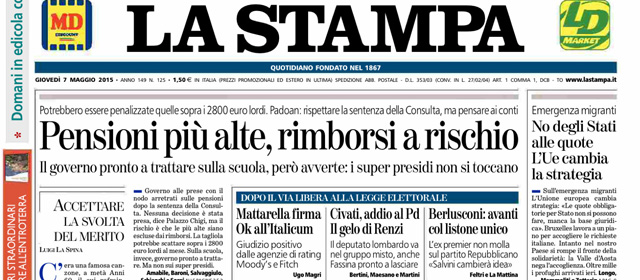 Le prime pagine di oggi giovedì 7 maggio 2015