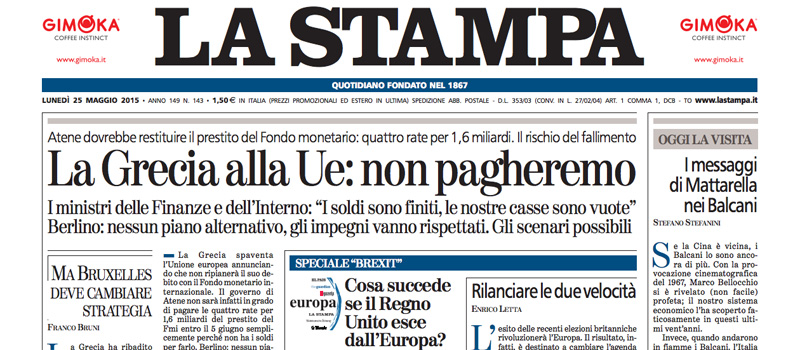 Le prime pagine di oggi lunedì 25 maggio 2015