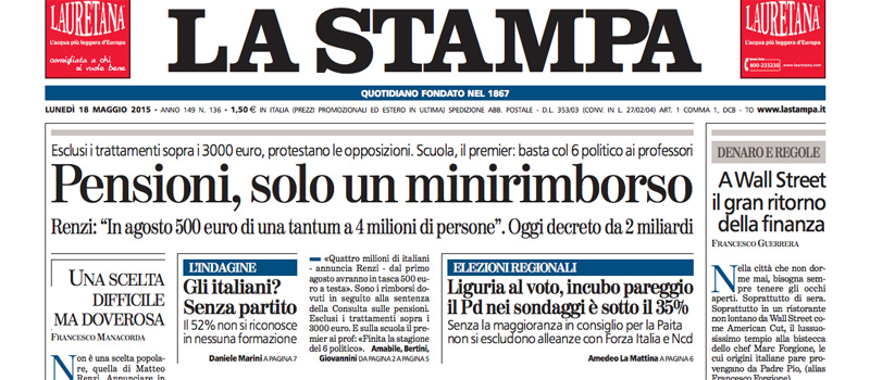 Le prime pagine di oggi lunedì 18 maggio 2015