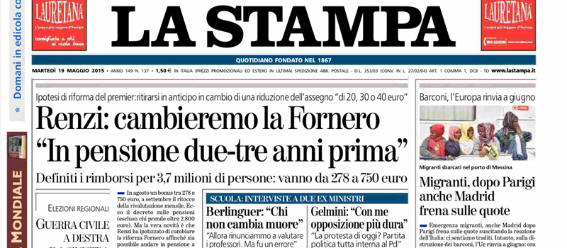 Le prime pagine di oggi martedì 19 maggio 2015