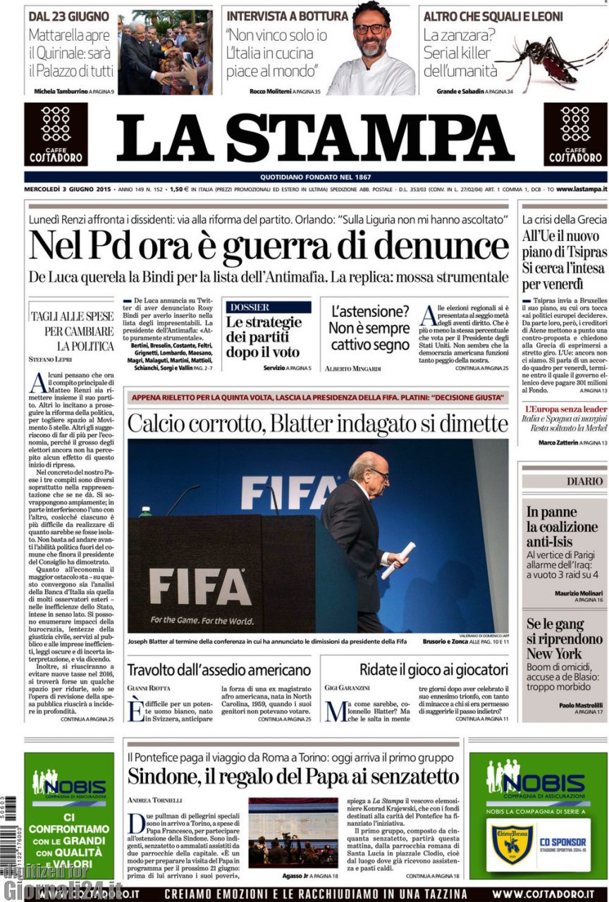 Le prime pagine dei giornali mercoledì 3 giugno 2015