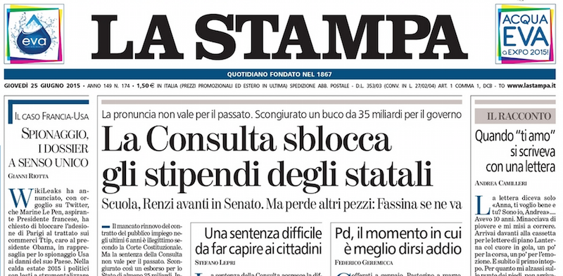 Le prime pagine dei giornali  giovedì 25 giugno 2015