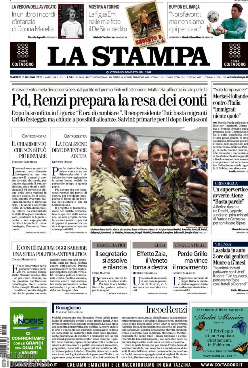 Le prime pagine dei giornali martedì 2 giugno 2015