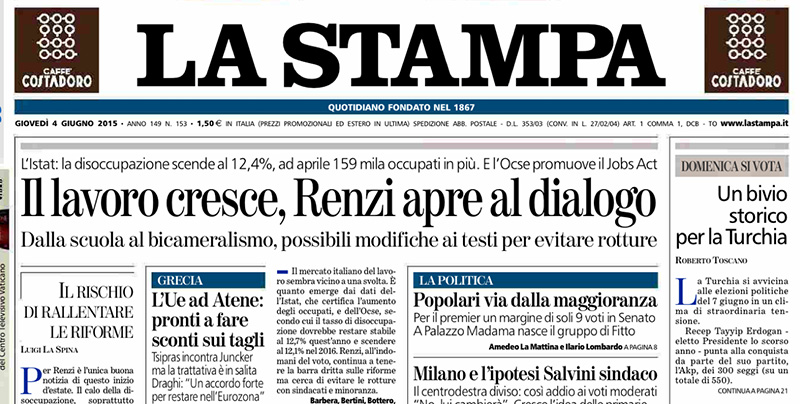 Le prime pagine di oggi giovedì 4 giugno 2015