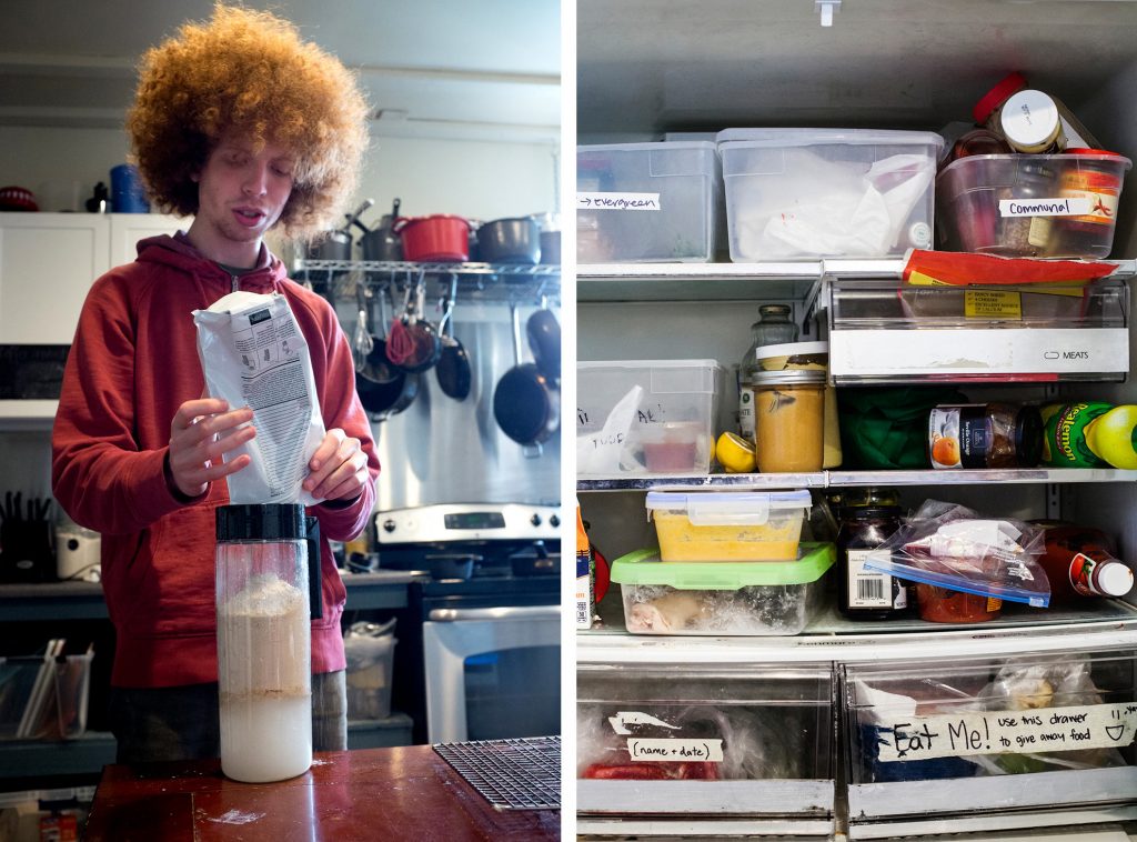 Ozzie Gooen, a ­programmer, mixes a batch of Soylent, a meal-­replacement product (left). The communal refrigerator (right). 2