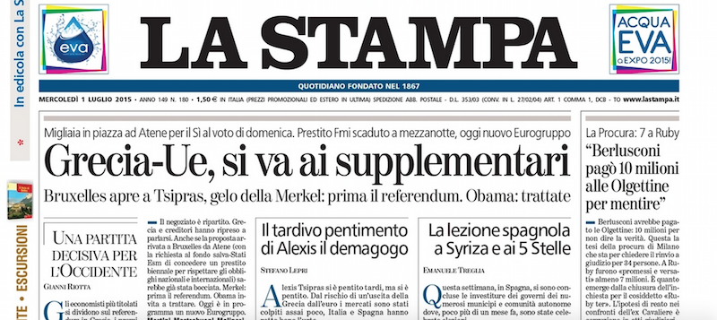 Le prime pagine dei giornali mercoledì 1 luglio 2015