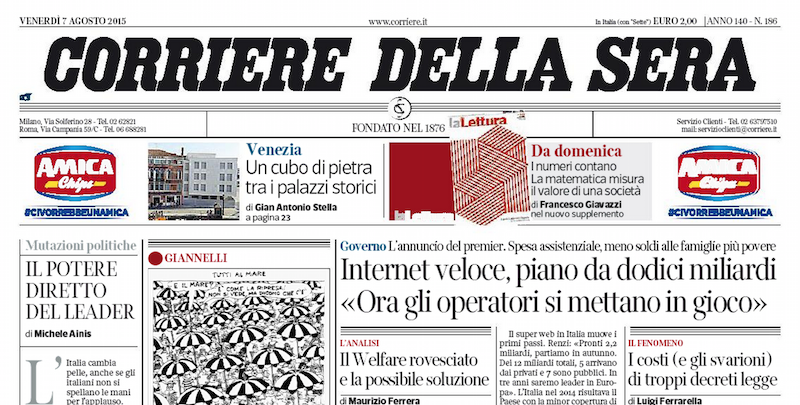 Le prime pagine dei giornali venerdì 7 agosto 2015