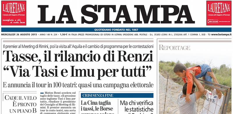 Le prime pagine dei giornali mercoledì 26 agosto 2015