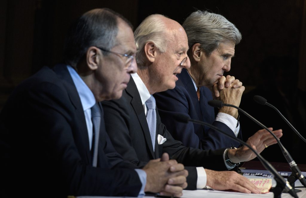 Sergei Lavrov, Staffan de Mistura, John Kerry