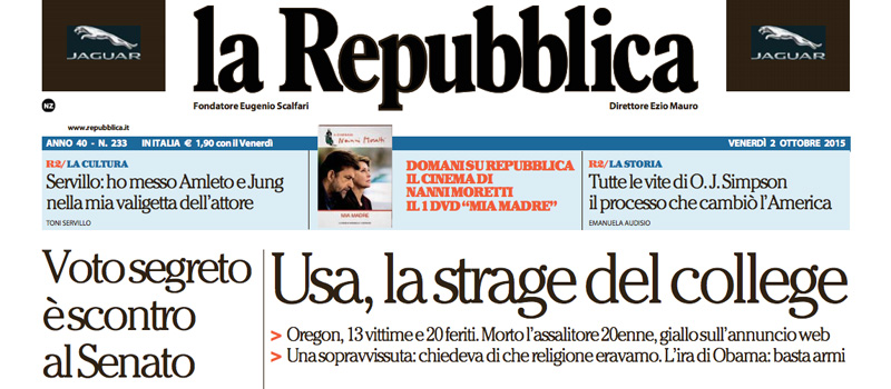 Le prime pagine dei giornali venerdì 2 ottobre 2015