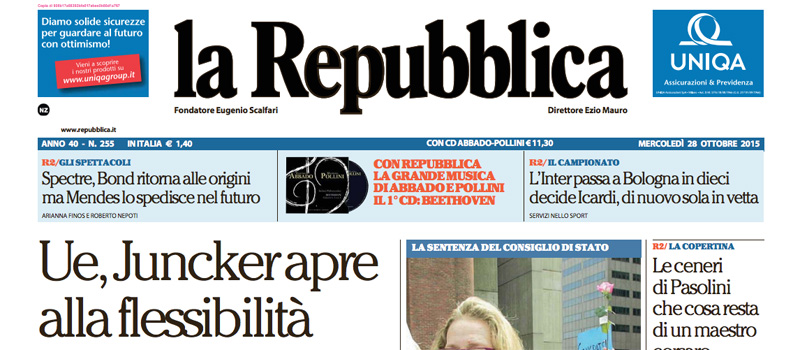 Le prime pagine dei giornali mercoledì 28 ottobre 2015