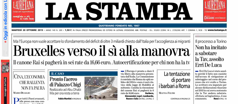 Le prime pagine dei giornali martedì 20 ottobre 2015